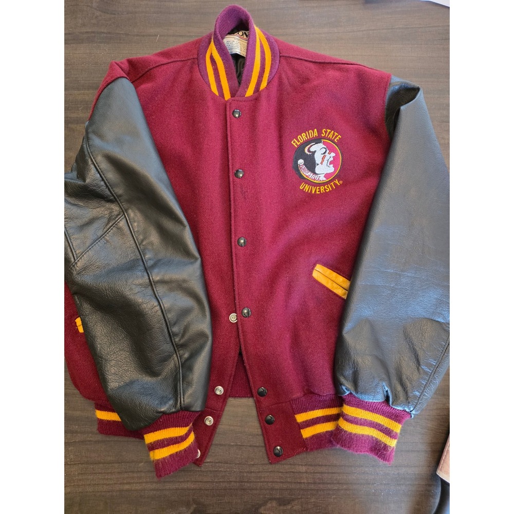 Vintage DeLONG Florida State University FSU Varsity Jacket Leather Wool Mens L